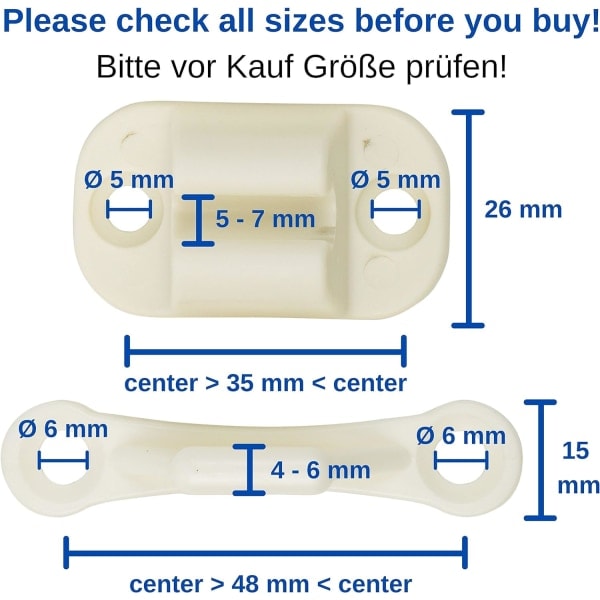Caravan og bobil dørstopper 35mm og 48mm hull mellomrom hvit