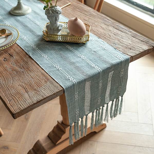 Blågrå bordløper Boho bordløper, 32X200cm, blågrå med dusker Rustikk landlig stil bordløper for middag, fest, ferie, spisestue, kommode