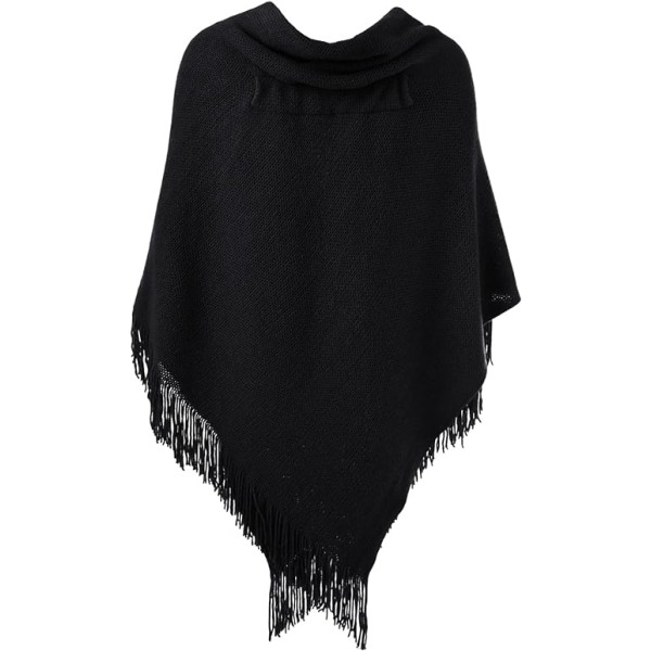 Elegant Varmt Dame Sjal Poncho (Sort) Åben Front med Frynser