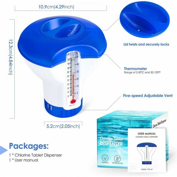 Klordiffusor för pool med termometer, automatisk flottör