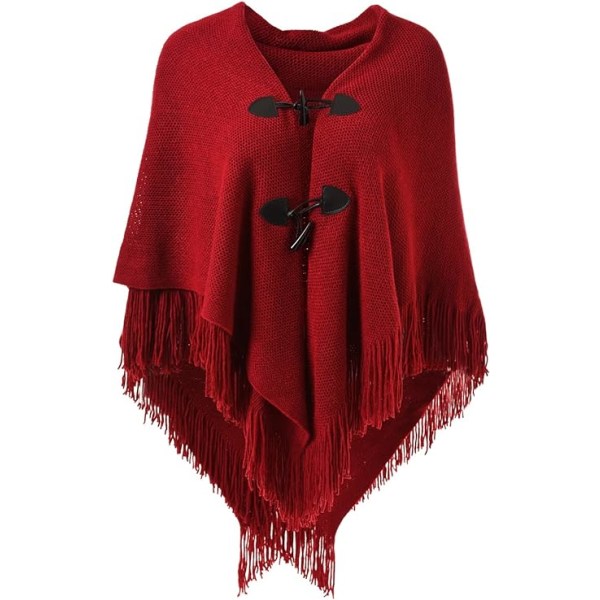 Elegant varm sjal Poncho för kvinnor (röd) öppen front med fransad B