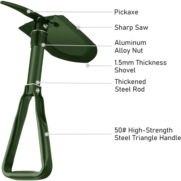 58cm sammenklappelig skovl, ekstra stabil højstyrke kulstofstål multifunktionsskovl med bæretaske, sammenklappelig campingskovlkombination til udendørs vandreture, jagt (grøn)