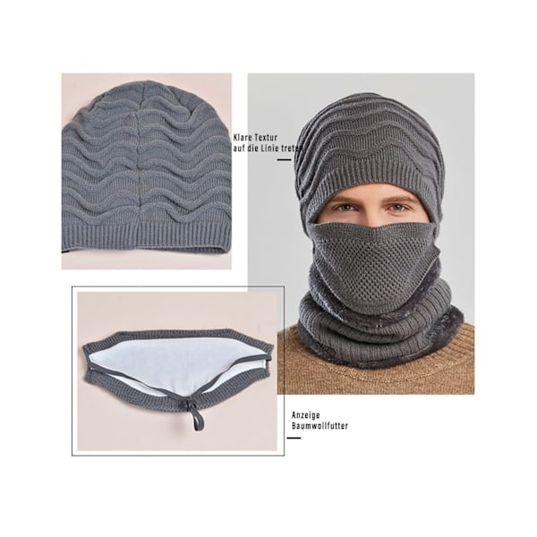 (Grå) Vinterlue og maske sett for menn Ski Balaclava Vindtett tykk plysj strikket lue for gutter Hals varm fleece designer lue