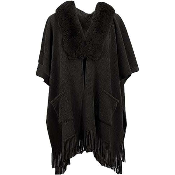 1 stk. Poncho Sjal (Sort) Dame Vinter Elegant Sweater Cape Lommer Poncho Frynser Åben Varm Poncho Cape Varm Strikkede Ponchoer Sjal