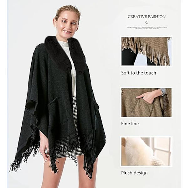 1 stk. Poncho Sjal (Sort) Dame Vinter Elegant Sweater Cape Lommer Poncho Frynser Åben Varm Poncho Cape Varm Strikkede Ponchoer Sjal