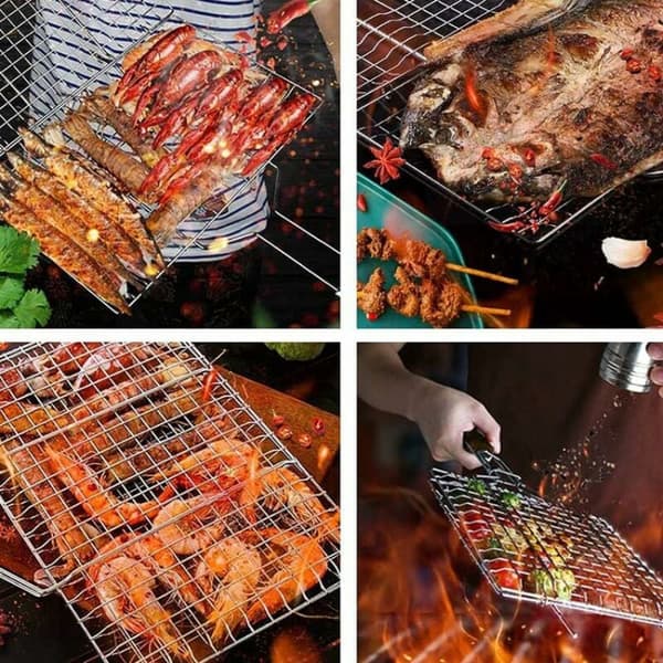 Grillkurv med træhåndtag, foldbar bærbar grillrist