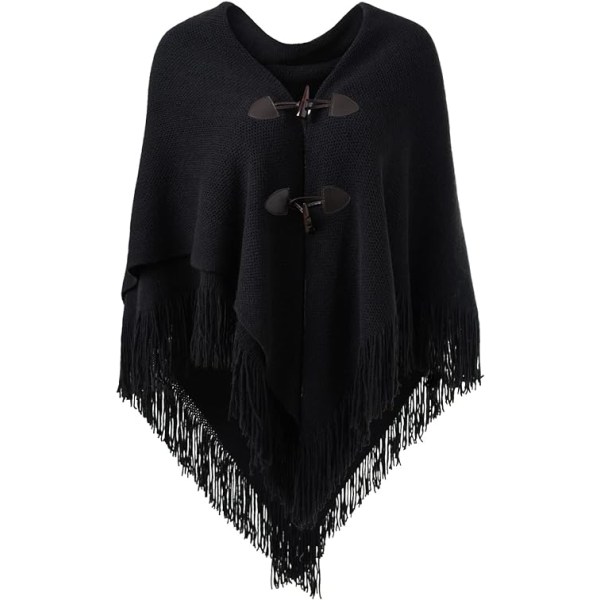 Elegant varm sjal poncho för kvinnor (svart) öppen front med fransar
