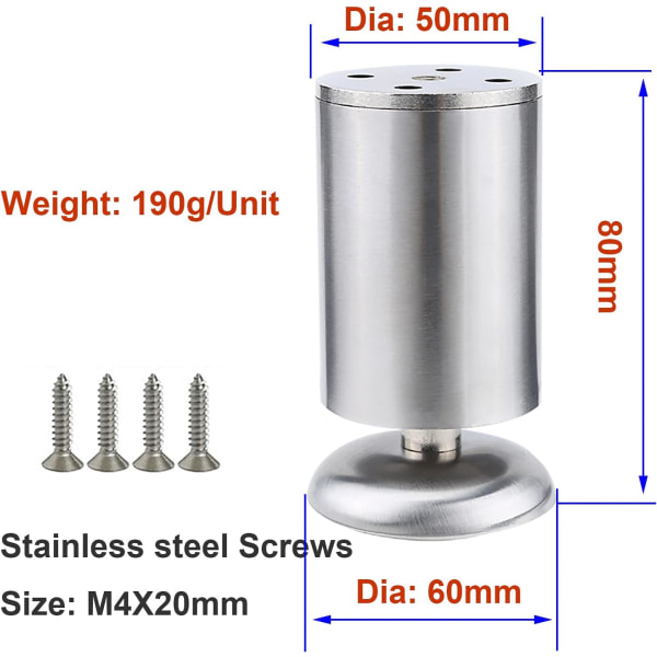 4X Møbelfødder, Rustfrit Stål Køkken Skab Skab Fødder Runde
