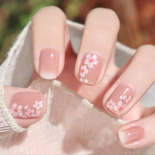 Blomster Press On Nails Korta Rosa Körsbärsblommor Lösnaglar