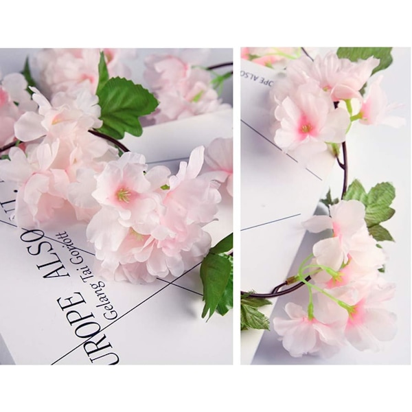 2 stk. Kunstige kirsebærranker Kunstige blomster Planteeføy Henge Silkegirlander med grønne blader for innendørs utendørs hjem Hotell Hagefest Bryllupskunstdekor (Rosa)