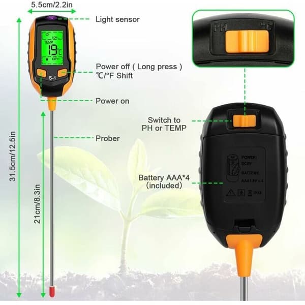 4 i 1 jordfugtighedsmåler - Digitalt LCD-display - Plantetemperat