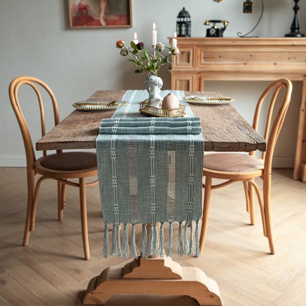 Blågrå bordløper Boho bordløper, 32X200cm, blågrå med dusker Rustikk landlig stil bordløper for middag, fest, ferie, spisestue, kommode