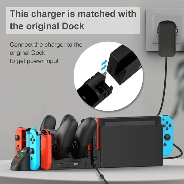 6 i 1 LED-opladerdock kompatibel med Joy-Cons og controller til Switch & OLED-model, controller-opladestation med USB 2.0-stik og USB 2.0-porte