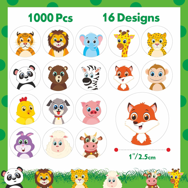 1000 Round Animal Stickers, 16 Designs of Adorable Land Animals,