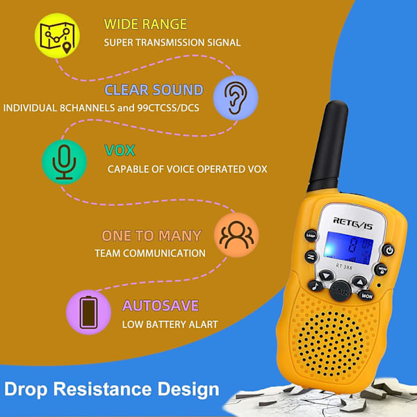 1 par RT388 Walkie Talkie for Kids, Remote Walkie Talkie, Leke Gaver til 4-12 år gamle, Camping, Utendørs Spion Eventyr Gul