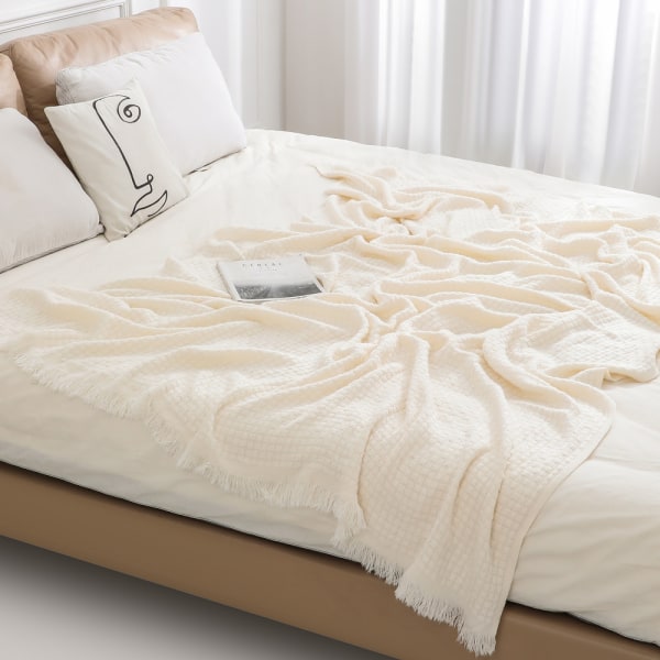 Dekorativ stickad filt (127 x 152 cm, Off White), mjuk, varm, mysig, lätt för hem, soffa, stol, säng - för vår, sommar, höst 152