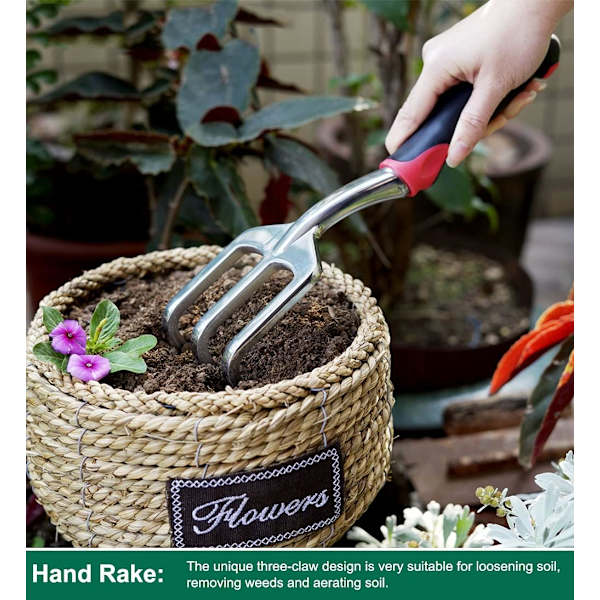 Hagesett med 3 deler, aluminiums hageredskap med sparkel, transplanter og håndrive, ergonomisk sklisikkert mykt komfortabelt håndtak (kirsebærrød)