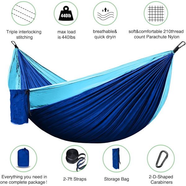 Ultralight, kevyt ja kannettava kestävä hengittävä nylonriippapuu puun hihnoilla sisäparvekkeelle, ulkoilmaan retkeilyyn, vaellukseen reppuhammokkeihin (sininen/taivaansininen)