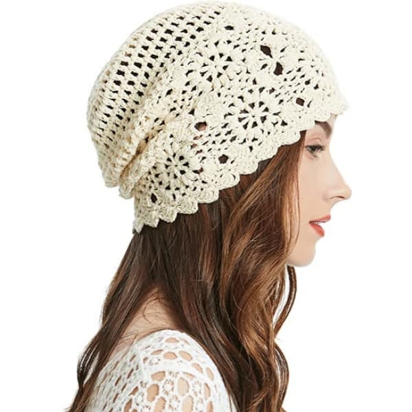 Tynn bomullshatt for kvinner (beige), håndstrikket uthulet sommer