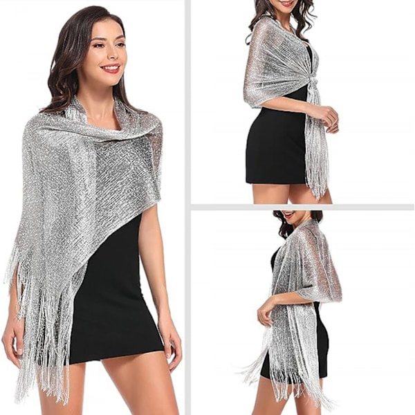 (Sølv) Paljettsjal Skjerf for Kvinner Glitrende Metallisk Håndkle med Skjerf Spenne Elegant Myk Wrap Stoff med Dusker Egnet for Bryllup, Brudepike, Aftenkjole, Fest, Graduering, Ball