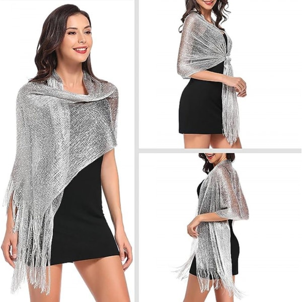 (Sølv) Sequin Shawl Tørklæde til Kvinder Funklende Metallisk Håndklæde med Tørklæde Spænde Elegant Blødt Wrap Stof med Kvaster Velegnet til Bryllup, Brudepige, Aftendress, Fest, Graduering, Prom