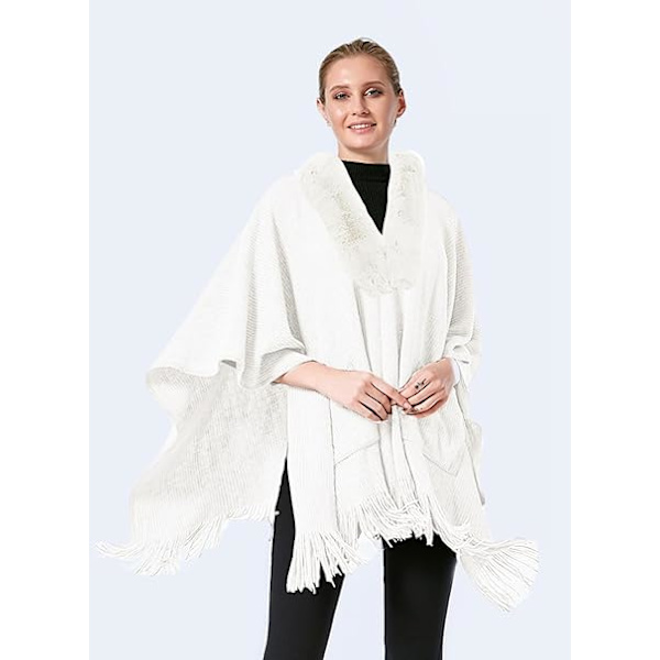 1 stk. Poncho Sjal (Hvid) Dame Vinter Elegant Sweater Cape Lommer Poncho Frynser Åben Varm Poncho Cape Varm Strikkede Ponchoer Sjal