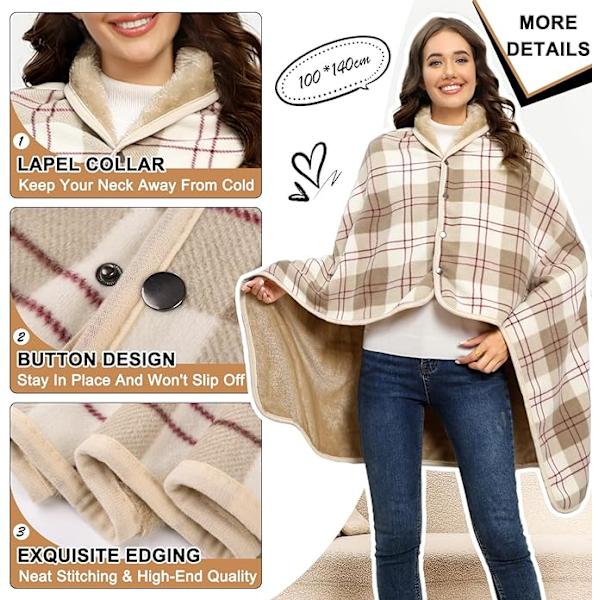 1 st kvinnors fleece poncho rutig fleece sjal cape (Khaki Plaid)