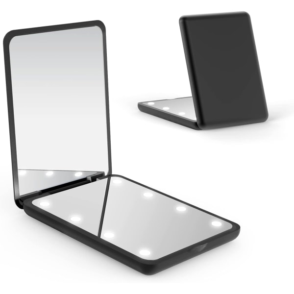 (svart) Kompakt speil, forstørrende med lys, 1x/3x 2-sidig Magne