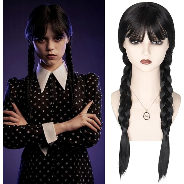 Wednesday Addams Paryk til Børn Kvinder, Addams Sort Lang Fletning