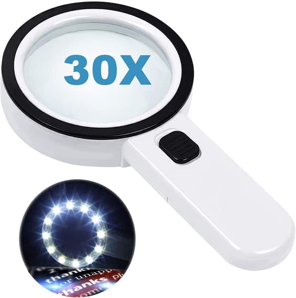 Läsglas med 12 LED-lampor, dubbla glaslinser med 30x förstoring