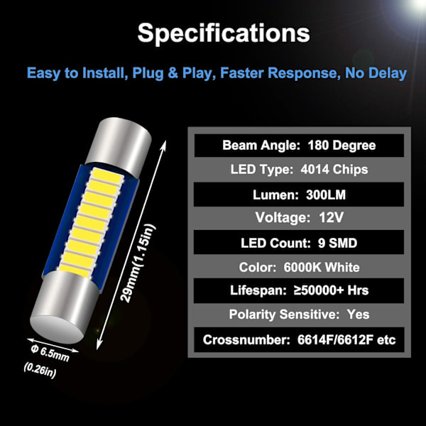6 stk 29mm 6614F Festoon LED-bilpære, ekstremt lys 9-SMD 4014