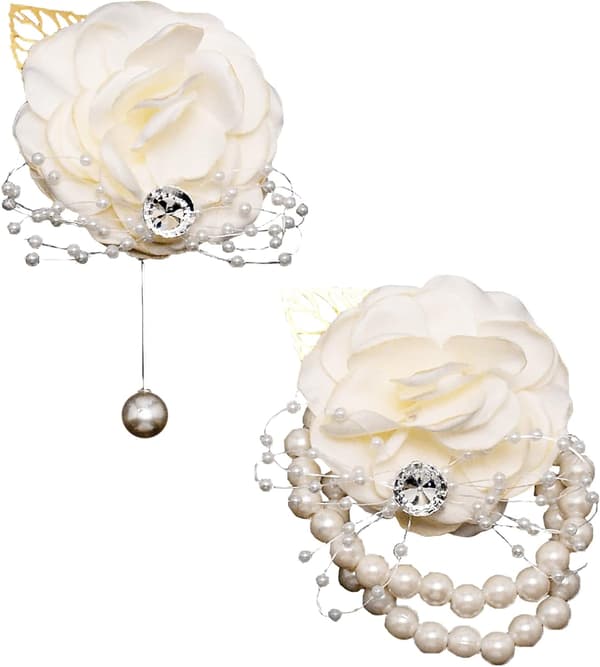 Vit - 2 st handledsblommor bröllop handledsblommor pärlarmband strass