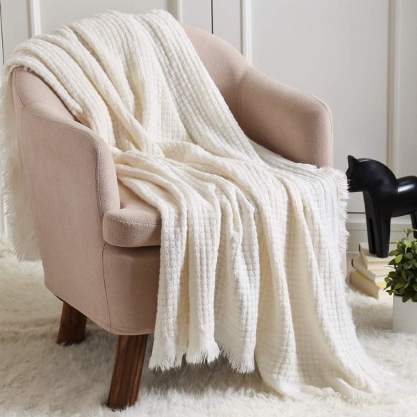 Dekorativ stickad filt (127 x 152 cm, Off White), mjuk, varm, mysig, lätt för hem, soffa, stol, säng - för vår, sommar, höst 152