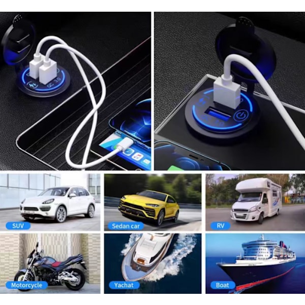 3.0 Dubbel USB-laddningsuttag, 12V/24V Vattentät USB-uttag med T
