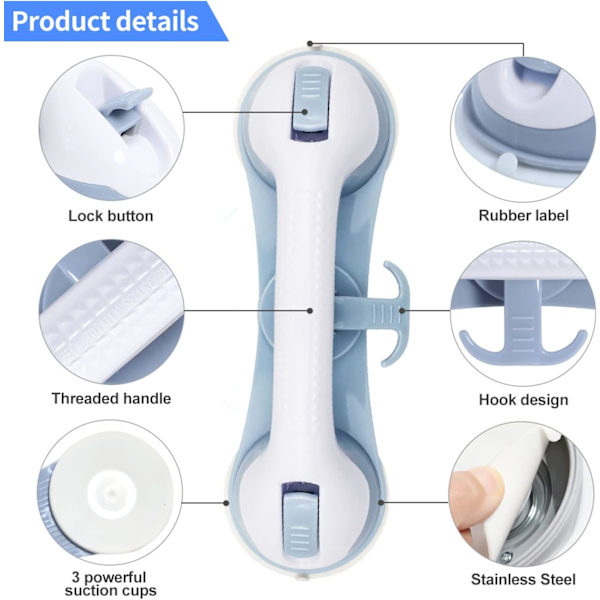 Lyseblå - 1 stk, dusjhåndtak med 3 sikkerhetssugekopper, for