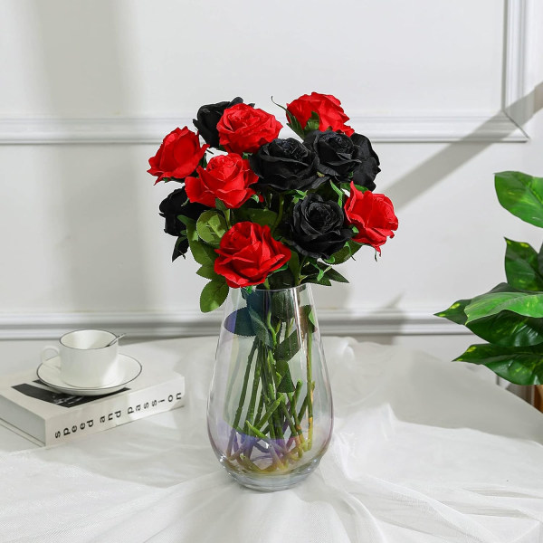 Sett med 12 kunstsilke roser (svart, rød) for hjemmeinnredning, bryllup