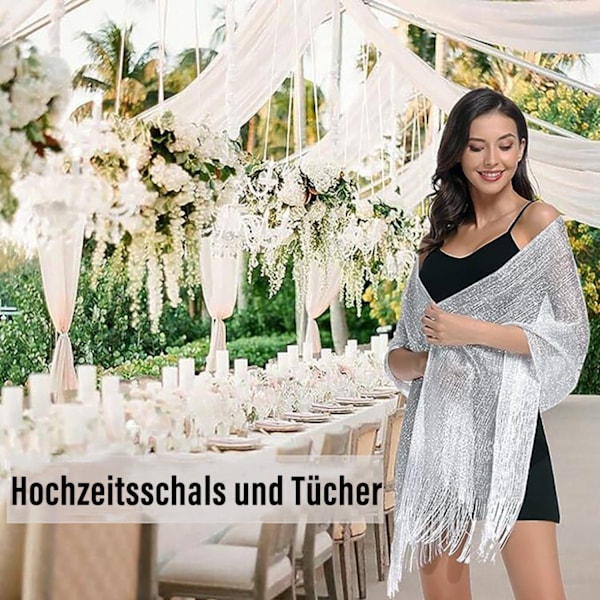 (Sølv) Paljettsjal Skjerf for Kvinner Glitrende Metallisk Håndkle med Skjerf Spenne Elegant Myk Wrap Stoff med Dusker Egnet for Bryllup, Brudepike, Aftenkjole, Fest, Graduering, Ball