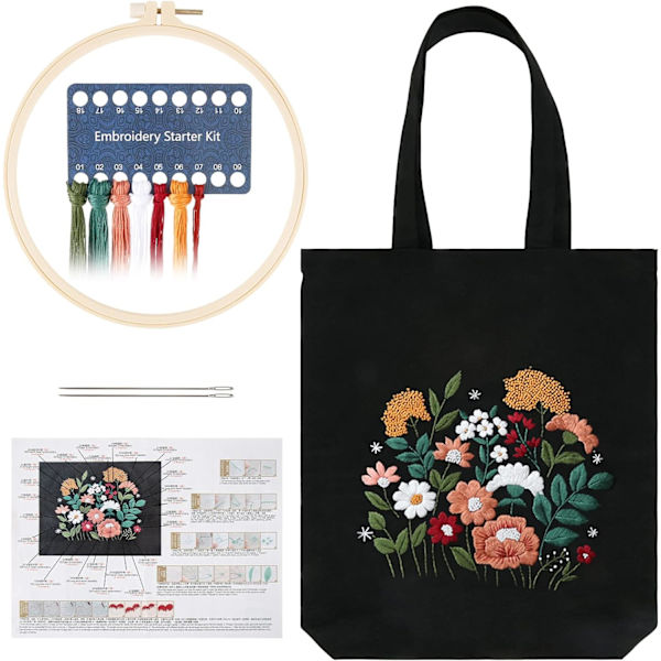 Svart canvas broderikit med mönster och instruktioner, Embroi