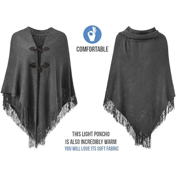 Elegantti lämmin naisten huiviponcho (tummanharmaa) Avoin etuosa hapsureunuksella