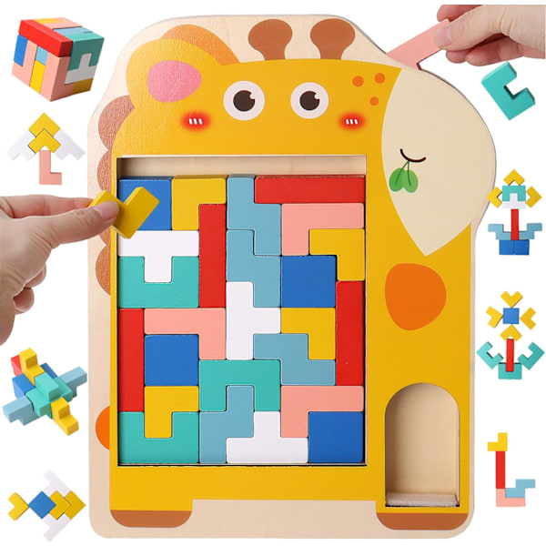 Træ Tetris-puslespil til børn (giraf), 3D-puslespil Montessori-legetøj