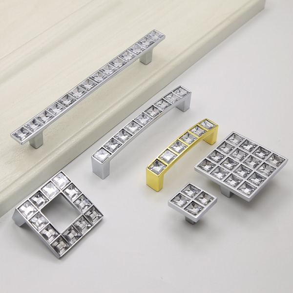 (5 stk, Hull-avstand 96 mm) Diamant Glass Skuffhåndtak, Klar Rhinestone Krystaller