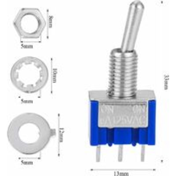 10 stk. AC 125V 6A on-on 3-polet mini 2-positions vippekontakt, til A