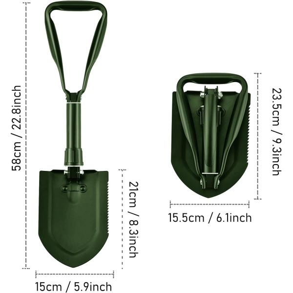 58cm sammenklappelig skovl, ekstra stabil højstyrke kulstofstål multifunktionsskovl med bæretaske, sammenklappelig campingskovlkombination til udendørs vandreture, jagt (grøn)