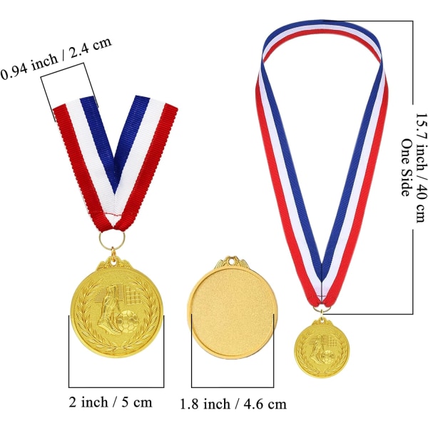 12-pack fotbollsmedaljer för barn (guld), metallmedaljer med trefärgat nylonband