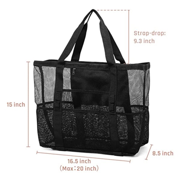 (42X38X20 cm, sort) Mesh Strandtaske Vandtæt og Sandproof Håndtaske Foldbar 9 Lommer