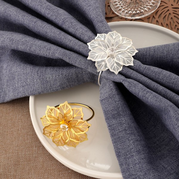 12 st (blomma-silver) servettringar och hållare, metallservettring servett spänne hållare för bordsdekoration