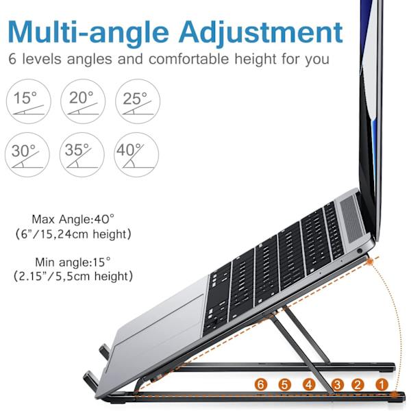 Bærbar computer stand – Sort, foldbar bærbar computer stand til at hæve 6 justerbare
