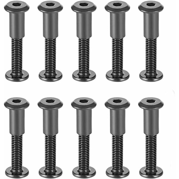 M6 x 35mm festebolter med matchende muttere hylsemutter med rund sekskantet hullhode svart karbonstål egnet for skinnveske eller belte, 10-pakning