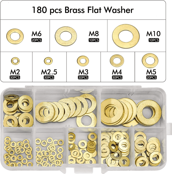 180 st platta brickor, sortiment av platta brickor i mässing, M2 M2.5
