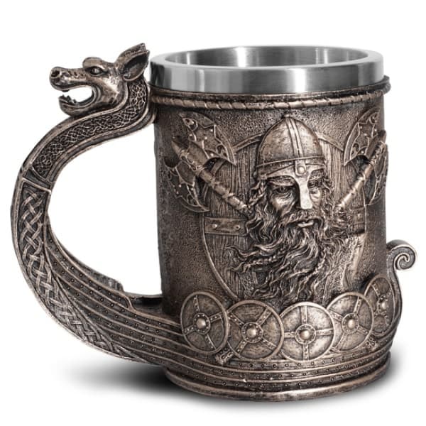 Ølkrus/kaffekrus i rustfritt stål, middelaldersk vikingskip, bronsefarge
